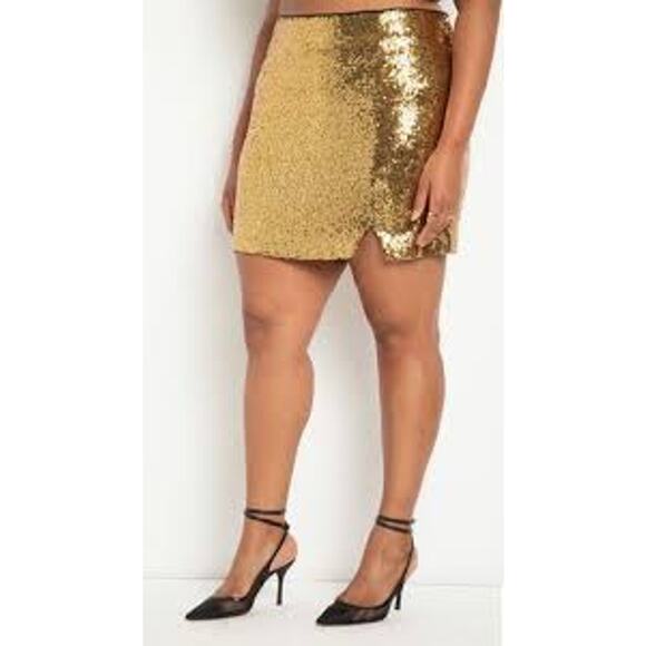 Eloquii Womens Sequin Mini Skirt Size 16 Gold Stretch Side Slit Party NWOT - Picture 1 of 9